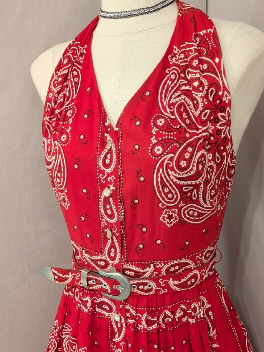 Vintage Red Bandana Halter Dress Fit-and-Flare Low V Belted Sexy Country Western - Picture 2 of 15